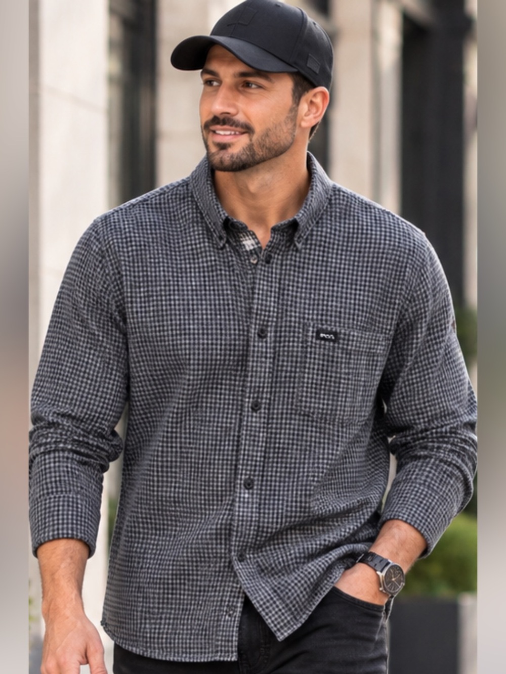 RVCA Men’s Grey & Black Micro-Check Button-Up Shirt – XL – Slim Fit.
